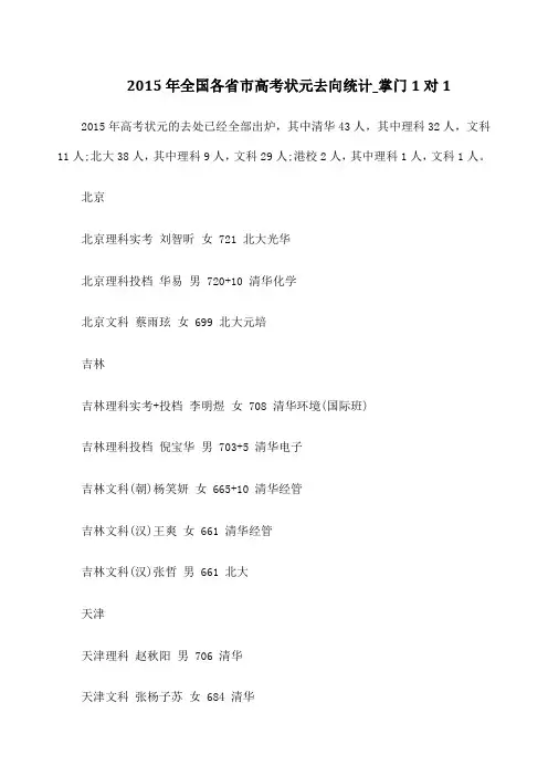 全国各省市高考状元去向统计 掌门 对 