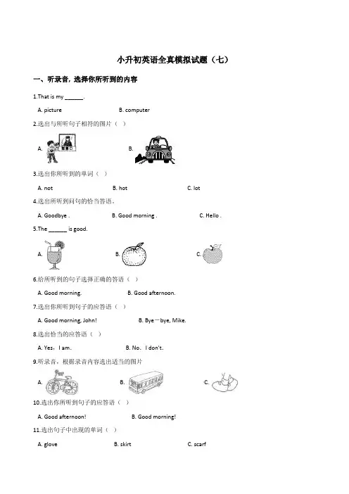 六年级下册英语试题--小升初全真模拟试题(七) 人教 (PEP)  含答案