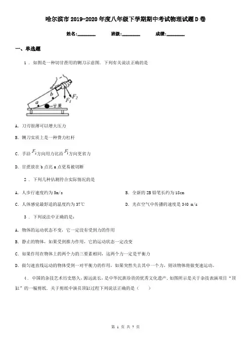 哈尔滨市2019-2020年度八年级下学期期中考试物理试题D卷