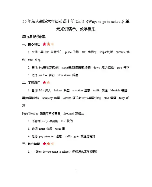 20年秋人教版六年级英语上册Unit2《Ways to go to school》单元知识清单、教学反思
