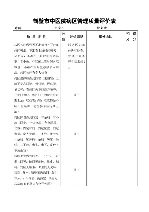 鹤壁市中医院病区管理质量评价表