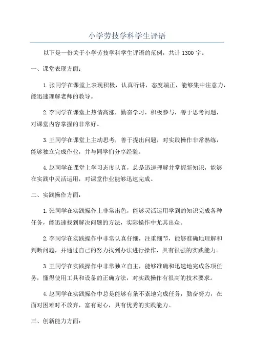 小学劳技学科学生评语