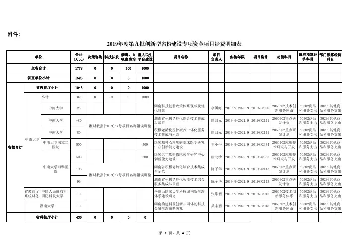 2019年度第九批创新型省份建设专项资金项目经费明细表