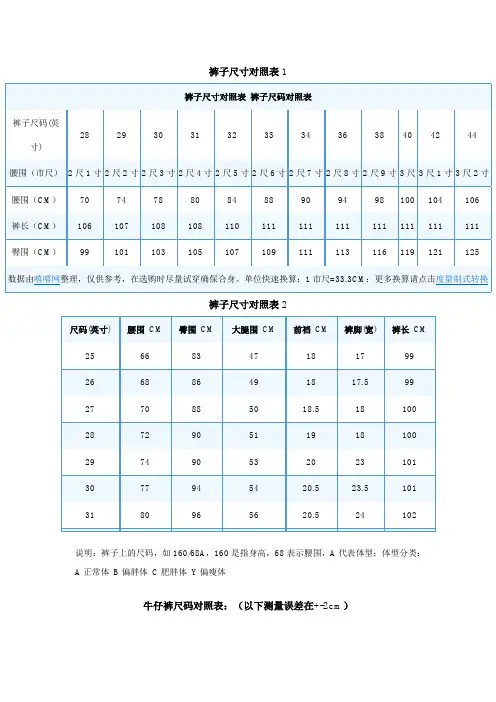 裤子尺码对照表