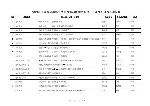2013年江苏省普通高等学校本专科优秀毕业设计(论文)评选获奖名单