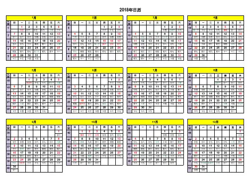 2018年日历(含周数,周日开始,含阴历,含节气)