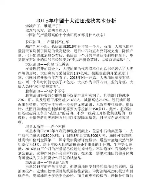 2015年中国十大油田现状基本分析