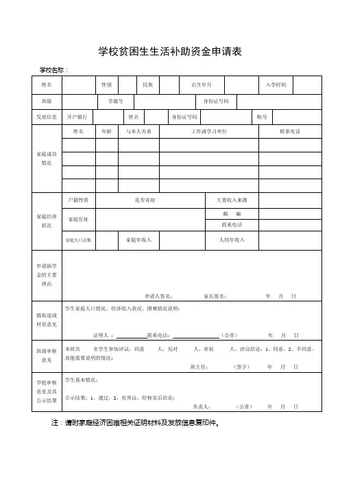 学校贫困生生活补助资金申请表