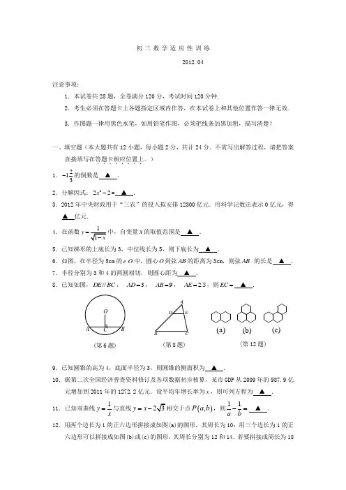 江苏省镇江市丹徒区2012届九年级中考适应性考试数学试题