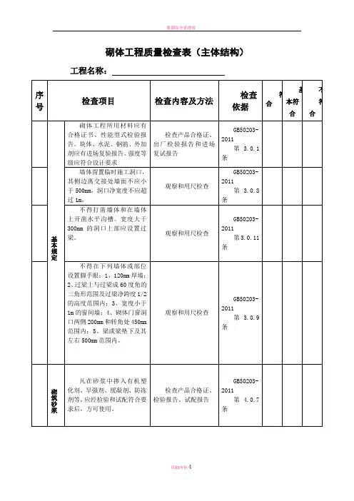 砌体工程质量检查表(主体结构)