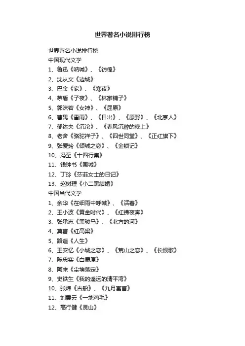 世界著名小说排行榜