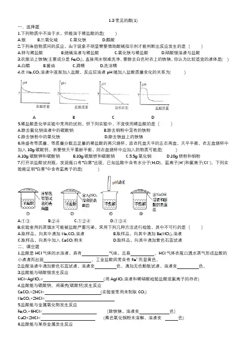 浙教版九年级科学上册第一章物质及其变化1.3 常见的酸(1)课外提高练习  学生版