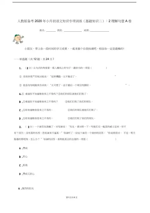 人教版备考2020年小升初语文知识专项训练(基础知识二)：2理解句意A卷