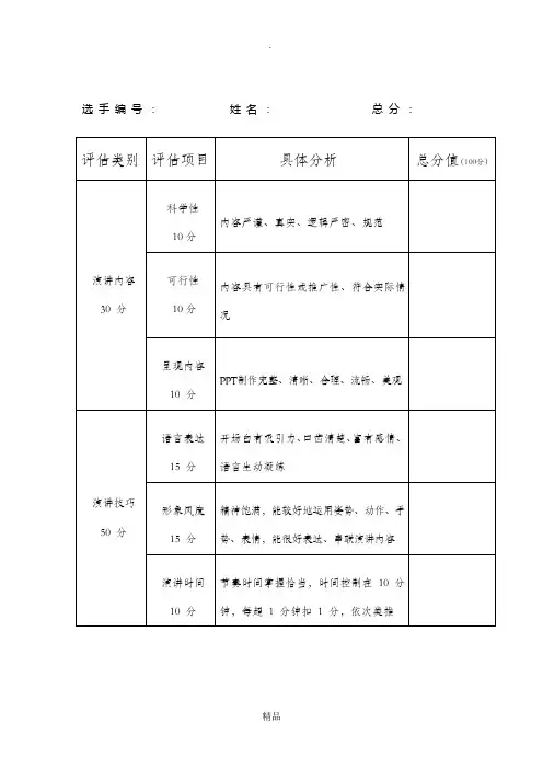 PPT演讲比赛评分标准通用