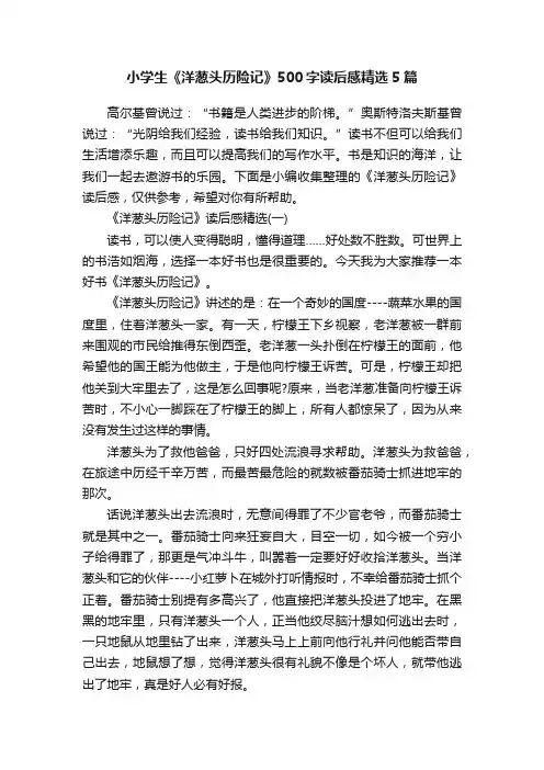小学生《洋葱头历险记》500字读后感精选5篇
