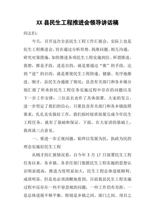 XX县民生工程推进会领导讲话稿