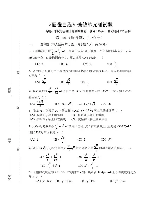高二圆锥曲线测试 2