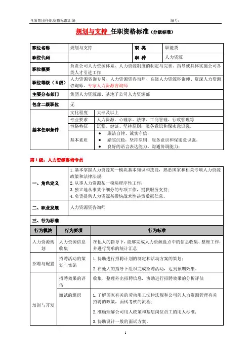 人力资源类任职资格标准分级标准规划与支持