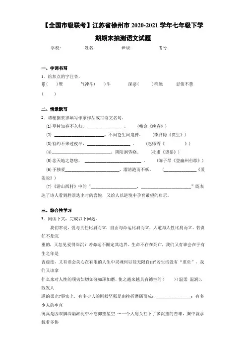 2020-2021【全国市级联考】江苏省徐州市七年级下学期期末抽测语文试题