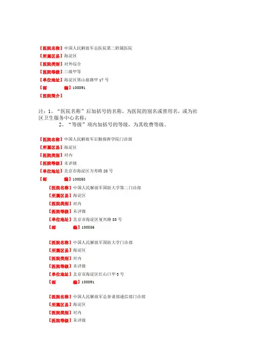军队医院名称编号