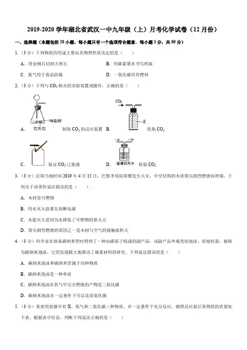 2019-2020学年湖北省武汉一中九年级(上)月考化学试卷(12月份)