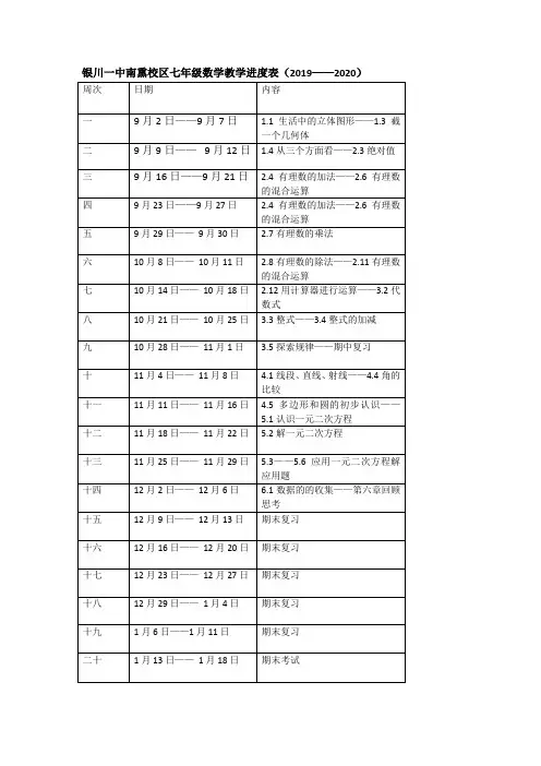 七年级数学上册教学进度表
