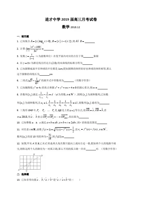 上海市进才中学2019届高三12月月考数学试题(WORD版)