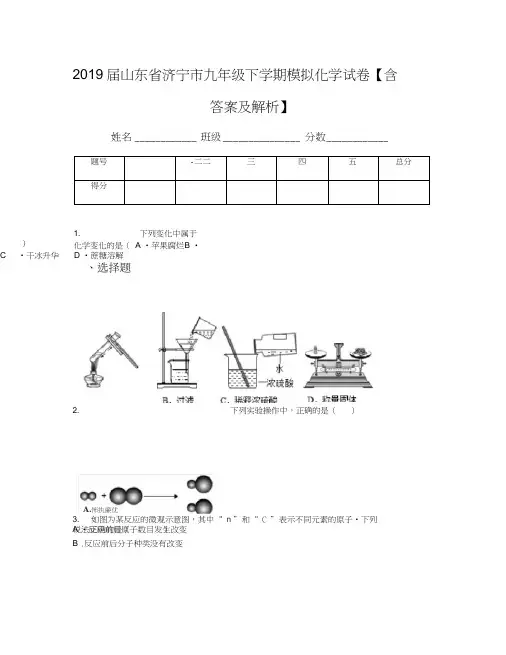 2019届山东省济宁市九年级下学期模拟化学试卷【含答案及解析】