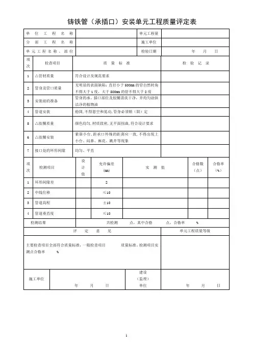 铸铁管(承插口)安装单元工程质量评定表