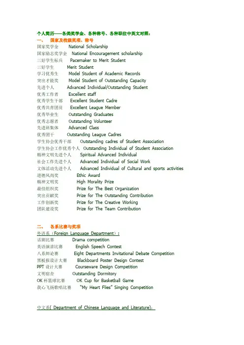 各种奖项英语名称