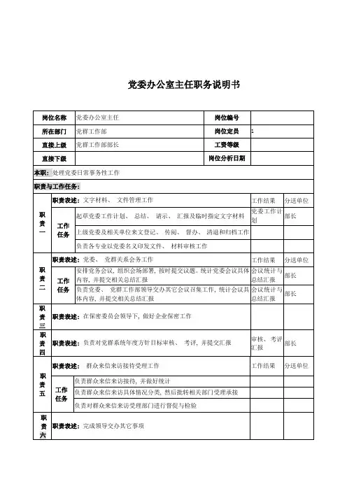 党委办公室主任岗位说明书