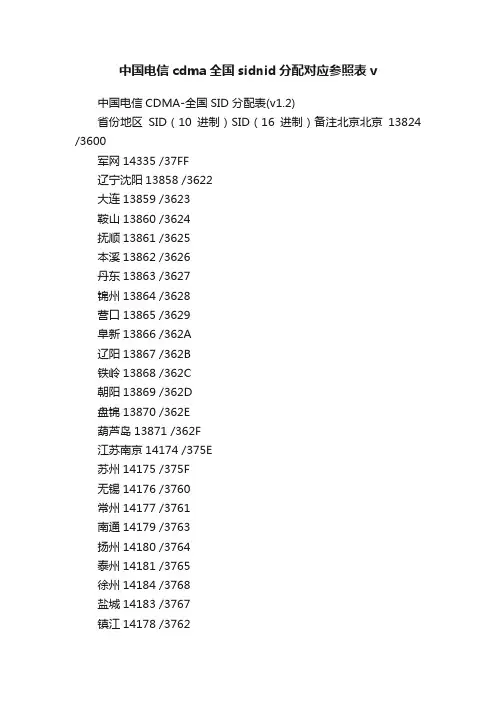 中国电信cdma全国sidnid分配对应参照表v