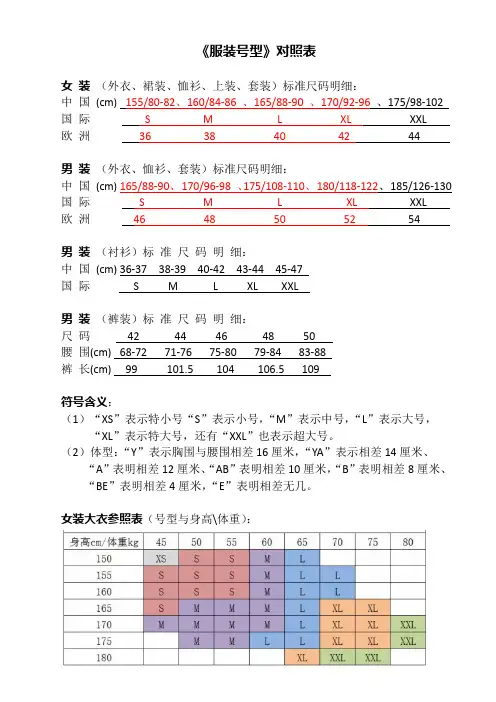 服装号型对照表