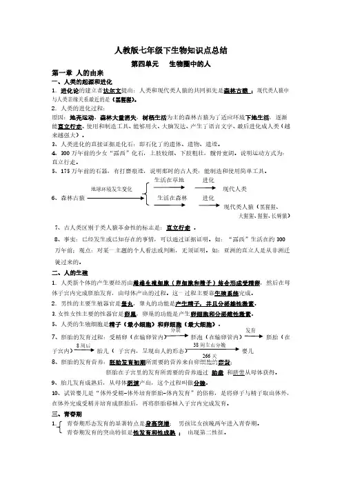 人教版七年级下册生物知识点最新最全总结