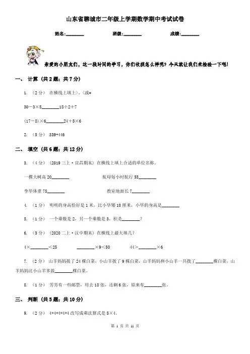 山东省聊城市二年级上学期数学期中考试试卷