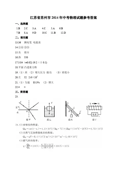 2020年最新整理江苏省苏州市2014年中考物理试题参考答案