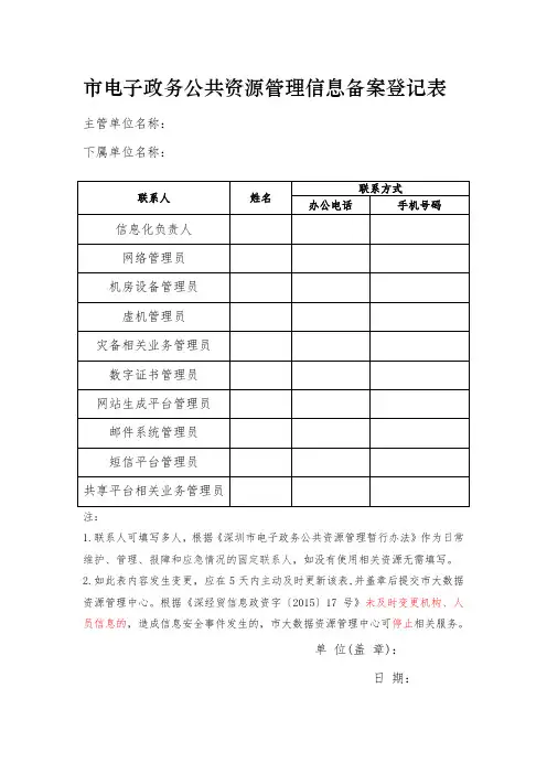 市电子政务公共资源管理信息备案登记表