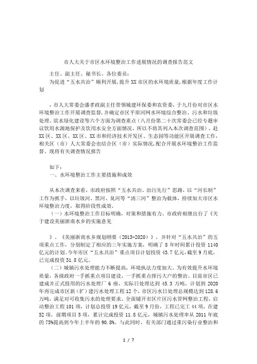 市人大关于市区水环境整治工作进展情况的调查报告范文