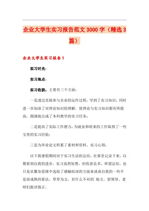 企业大学生实习报告范文3000字(精选3篇)