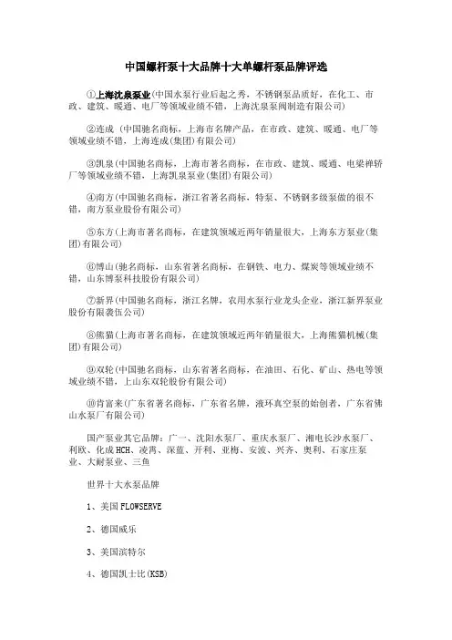 中国螺杆泵十大品牌十大单螺杆泵品牌评选