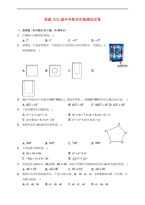 西藏2020届中考数学仿真模拟试卷 (含解析)