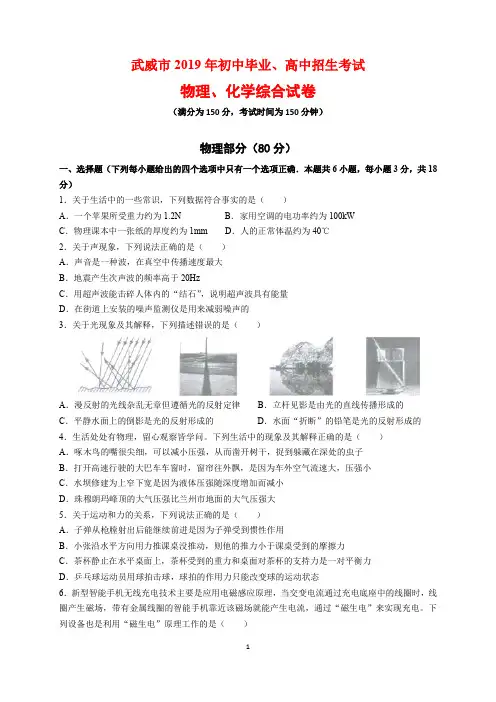 2019年甘肃省武威市中考物理、化学综合试卷及参考答案(word解析版)