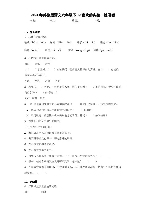 2021年苏教版语文六年级下12夜晚的实验1练习卷