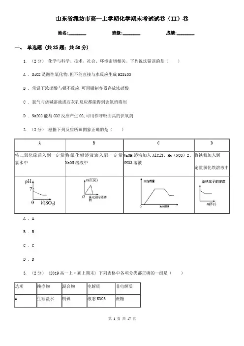 山东省潍坊市高一上学期化学期末考试试卷(II)卷(考试)