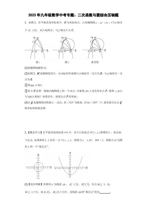 2023年九年级数学中考专题：二次函数与圆综合压轴题(含简单答案)