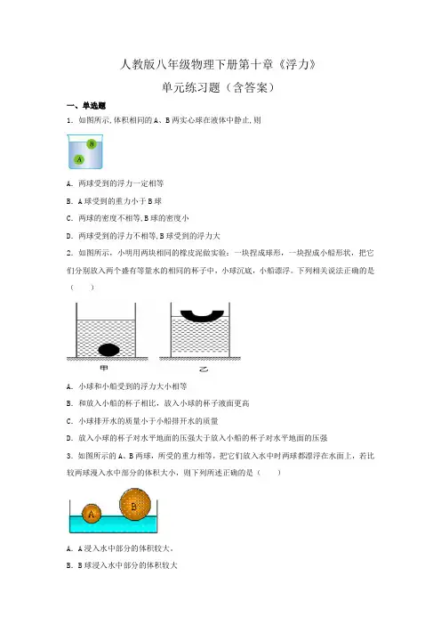 人教版八年级物理下册第十章《浮力》单元练习题(含答案) 2