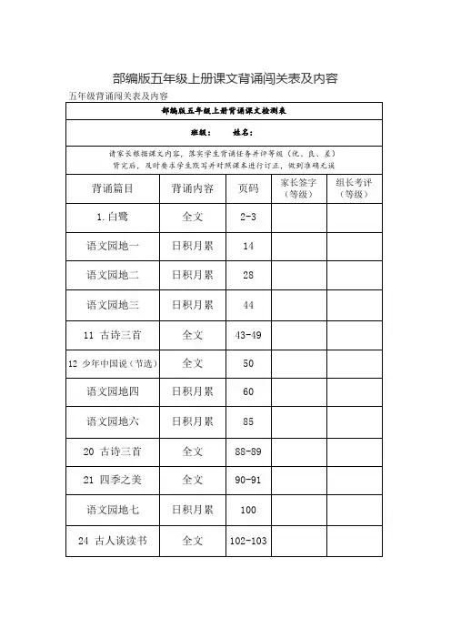 部编版五年级上册课文背诵闯关表及内容