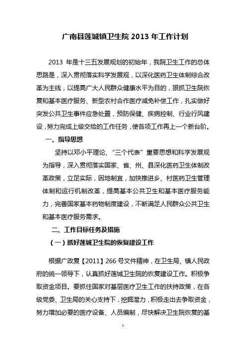 广南县莲城镇卫生院2013年工作计划
