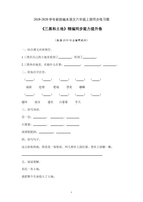 六年级语文上试题-三黑和土地 含答案 人教部编版