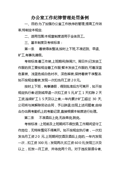 办公室工作纪律管理处罚条例